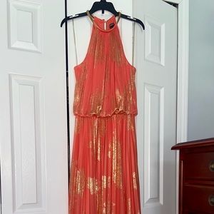 MSK Metallic-Print Pleated Blouson Gown - coral, size 6